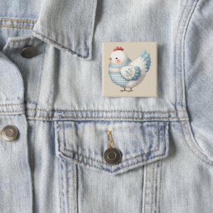 Badge Carré 5 Cm Poule de Cottage en Gingham Bleu