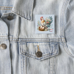 Badge Carré 5 Cm Poule florale avec charme vintage de ferme