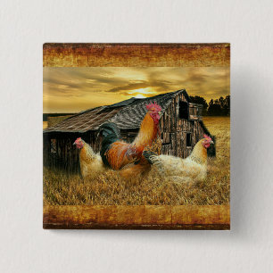 Badge Carré 5 Cm Poules à coq vintage Grotte à coop rustique