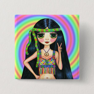 Badge Carré 5 Cm Poussin hippie psychédélique avec le signe de pa