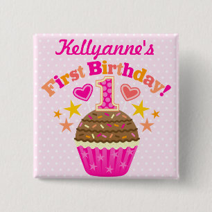 Badge Carré 5 Cm Premier petit gâteau d'anniversaire (fille)