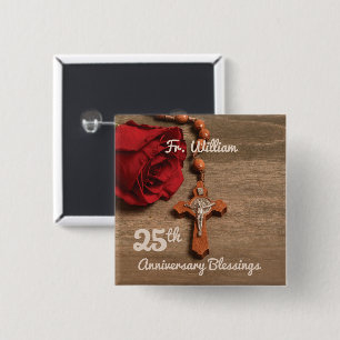 Badge Carré 5 Cm Prêtre 25ème anniversaire de l'Ordination Rose et 