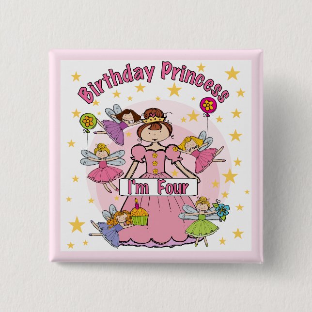 Badge Carré 5 Cm Princesse I d'anniversaire suis quatre T-shirts et (Devant)