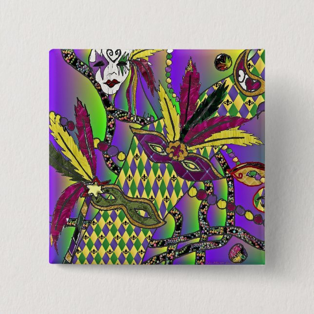 Badge Carré 5 Cm Psychédélique Mardi Gras Plumes Masques Cadeaux Vê (Devant)