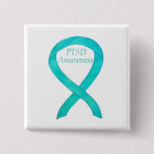 Badge Carré 5 Cm PTSD Sensibilisation Ruban Turquoise Peintures d'a