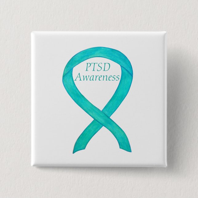 Badge Carré 5 Cm PTSD Sensibilisation Ruban Turquoise Peintures d'a (Devant)