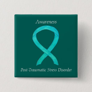 Badge Carré 5 Cm PTSD Sensibilisation Ruban Turquoise Peintures d'a