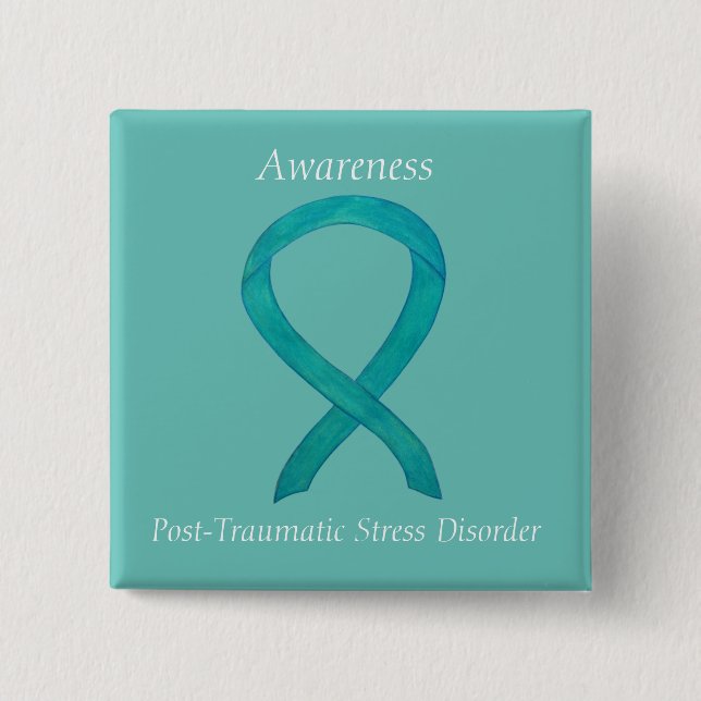 Badge Carré 5 Cm PTSD Sensibilisation Ruban Turquoise Peintures d'a (Devant)