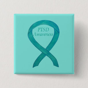 Badge Carré 5 Cm PTSD Sensibilisation Ruban Turquoise Peintures d'a