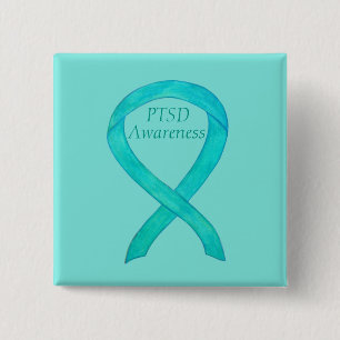 Badge Carré 5 Cm PTSD Sensibilisation Ruban Turquoise Peintures d'a