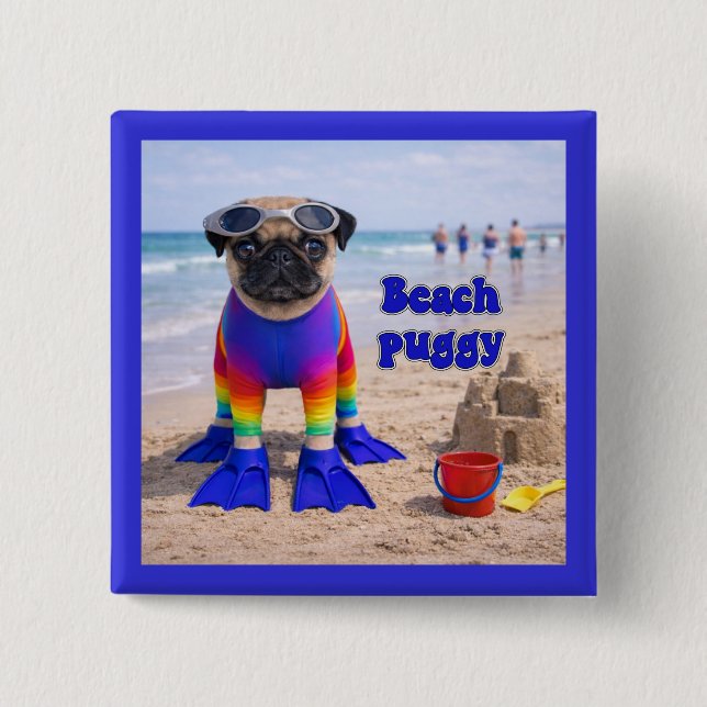 Badge Carré 5 Cm Puggy de la plage (Devant)