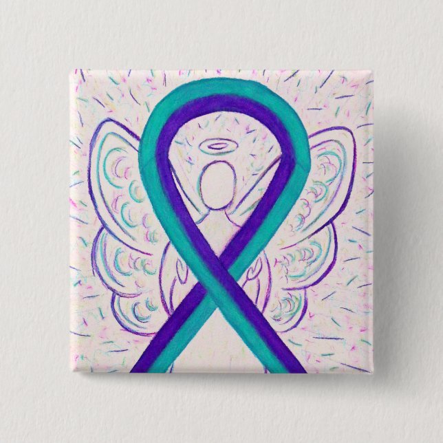 Badge Carré 5 Cm Purple and Teal Awareness Ribbon Angel Button Pin (Devant)