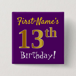 Badge Carré 5 Cm Purple, Faux Gold 13ème Anniversaire, Avec Nom Per