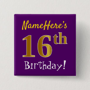 Badge Carré 5 Cm Purple, Faux Gold 16ème Anniversaire, Avec Nom Per