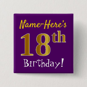 Badge Carré 5 Cm Purple, Faux Gold 18ème Anniversaire, Avec Nom Per