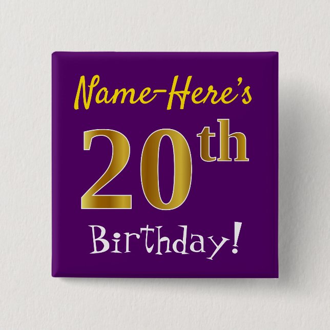 Badge Carré 5 Cm Purple, Faux Gold 20e Anniversaire, Avec Nom Perso (Devant)