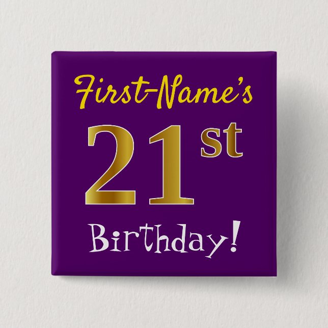 Badge Carré 5 Cm Purple, Faux Gold 21ème Anniversaire, Avec Nom Per (Devant)