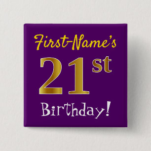 Badge Carré 5 Cm Purple, Faux Gold 21ème Anniversaire, Avec Nom Per