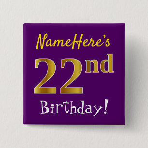 Badge Carré 5 Cm Purple, Faux Gold 22e Anniversaire, Avec Nom Perso
