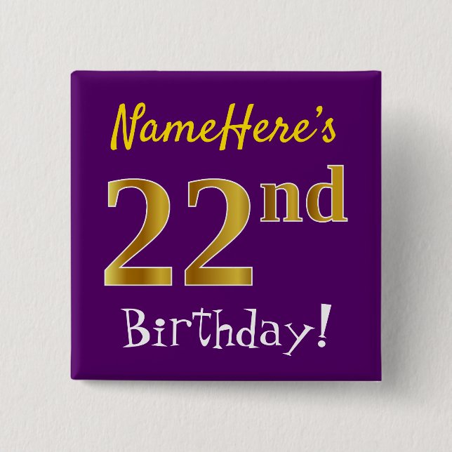 Badge Carré 5 Cm Purple, Faux Gold 22e Anniversaire, Avec Nom Perso (Devant)