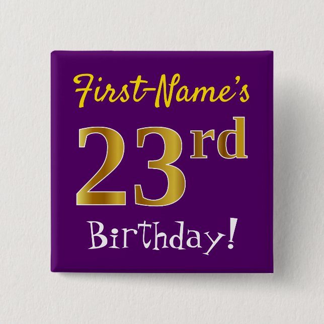 Badge Carré 5 Cm Purple, Faux Gold 23ème anniversaire, Avec Nom Per (Devant)