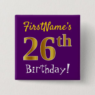 Badge Carré 5 Cm Purple, Faux Gold 26ème Anniversaire, Avec Nom Per