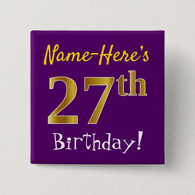 Badge Carré 5 Cm Purple, Faux Gold 27ème Anniversaire, Avec Nom Per (Devant)