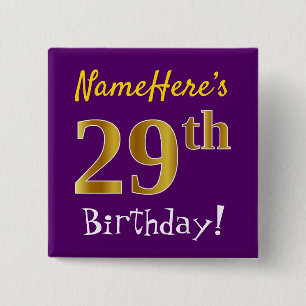 Badge Carré 5 Cm Purple, Faux Gold 29ème Anniversaire, Avec Nom Per