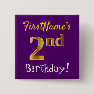 Badge Carré 5 Cm Purple, Faux Gold 2e anniversaire, avec nom person