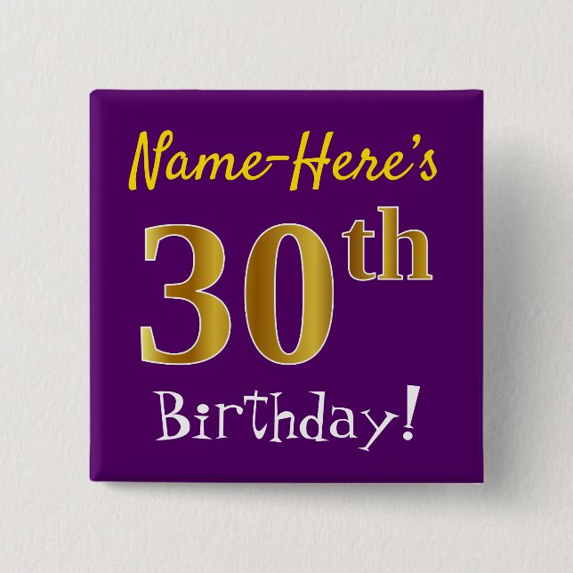 Badge Carré 5 Cm Purple, Faux Gold 30th Birthday, With Custom (Devant)