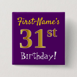 Badge Carré 5 Cm Purple, Faux Gold 31ème Anniversaire, Avec Nom Per