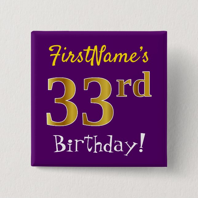 Badge Carré 5 Cm Purple, Faux Gold 33ème anniversaire, Avec Nom Per (Devant)