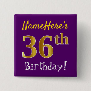 Badge Carré 5 Cm Purple, Faux Gold 36ème Anniversaire, Avec Nom Per