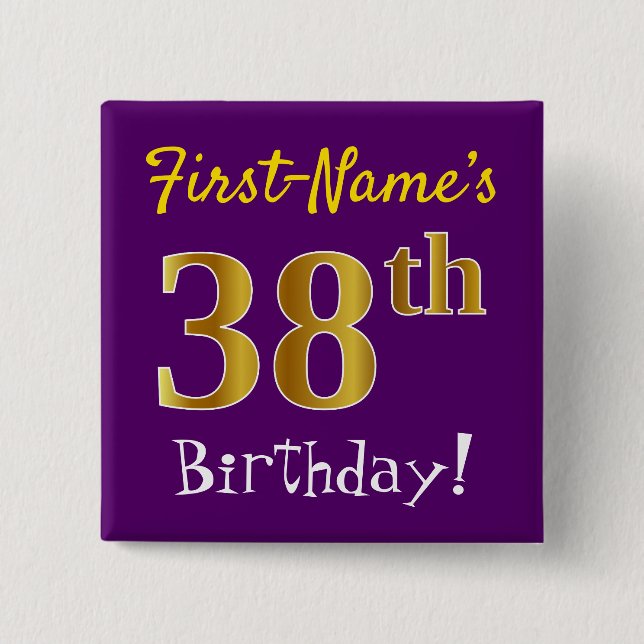 Badge Carré 5 Cm Purple, Faux Gold 38ème Anniversaire, Avec Nom Per (Devant)