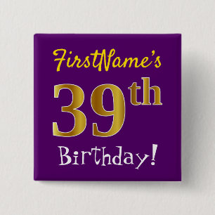 Badge Carré 5 Cm Purple, Faux Gold 39e Anniversaire, Avec Nom Perso