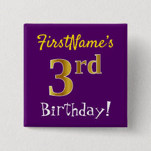 Badge Carré 5 Cm Purple, Faux Gold 3e anniversaire, avec nom person