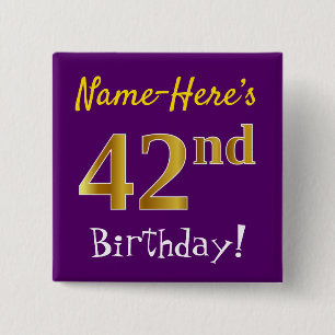 Badge Carré 5 Cm Purple, Faux Gold 42e Anniversaire, Avec Nom Perso