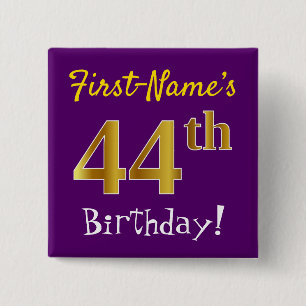Badge Carré 5 Cm Purple, Faux Gold 44ème Anniversaire, Avec Nom Per
