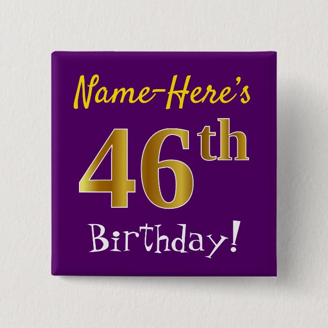 Badge Carré 5 Cm Purple, Faux Gold 46ème Anniversaire, Avec Nom Per (Devant)