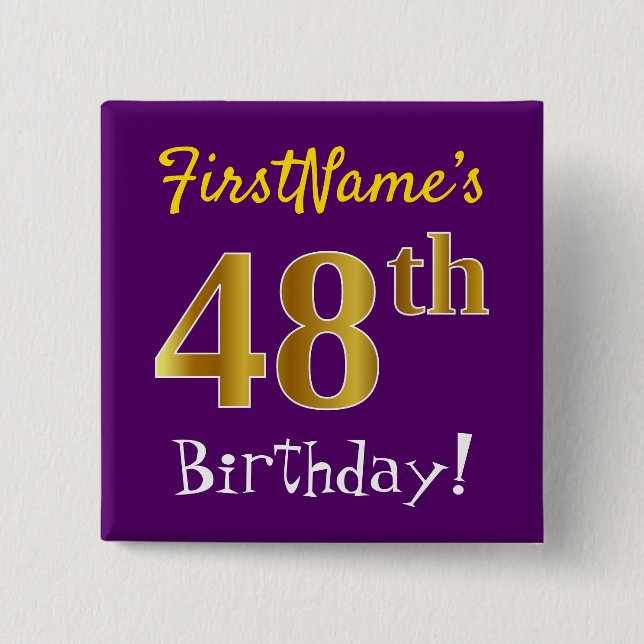 Badge Carré 5 Cm Purple, Faux Gold 48ème Anniversaire, Avec Nom Per (Devant)