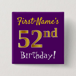 Badge Carré 5 Cm Purple, Faux Gold 52e Anniversaire, Avec Nom Perso