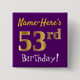Badge Carré 5 Cm Purple, Faux Gold 53ème Anniversaire, Avec Nom Per