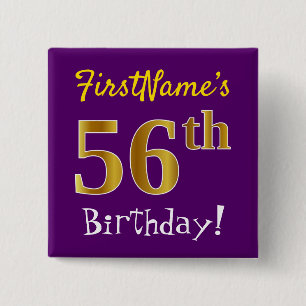 Badge Carré 5 Cm Purple, Faux Gold 56e Anniversaire, Avec Nom Perso
