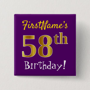 Badge Carré 5 Cm Purple, Faux Gold 58ème Anniversaire, Avec Nom Per