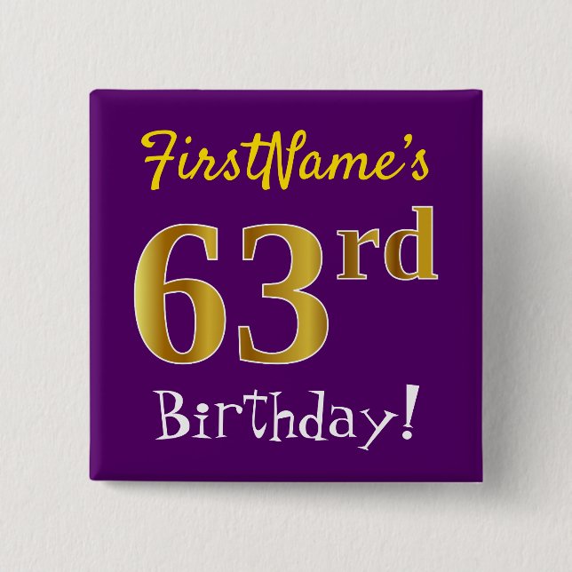 Badge Carré 5 Cm Purple, Faux Gold 63e anniversaire, avec nom perso (Devant)