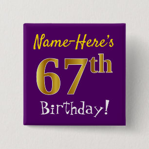 Badge Carré 5 Cm Purple, Faux Gold 67e Anniversaire, Avec Nom Perso