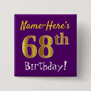 Badge Carré 5 Cm Purple, Faux Gold 68ème Anniversaire, Avec Nom Per
