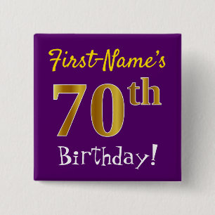 Badge Carré 5 Cm Purple, Faux Gold 70e Anniversaire, Avec Nom Perso