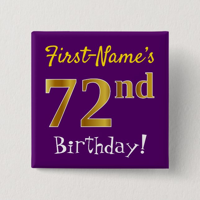 Badge Carré 5 Cm Purple, Faux Gold 72e Anniversaire, Avec Nom Perso (Devant)