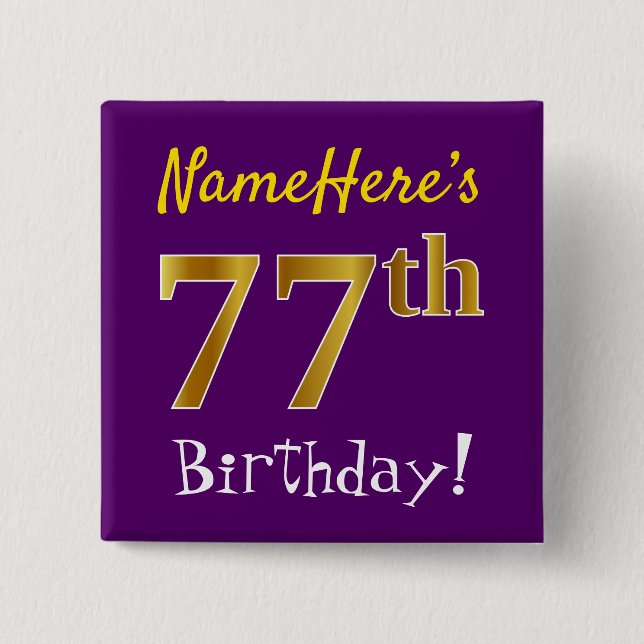 Badge Carré 5 Cm Purple, Faux Gold 77e Anniversaire, Avec Nom Perso (Devant)